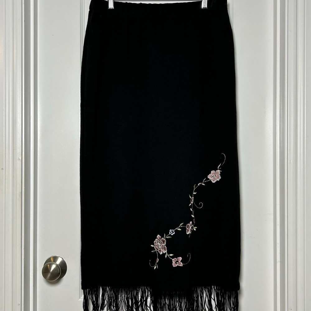 Plaza South Knits Vintage Y2K 2000s Wool Blend Fringe Hem Embroidered Midi Skirt